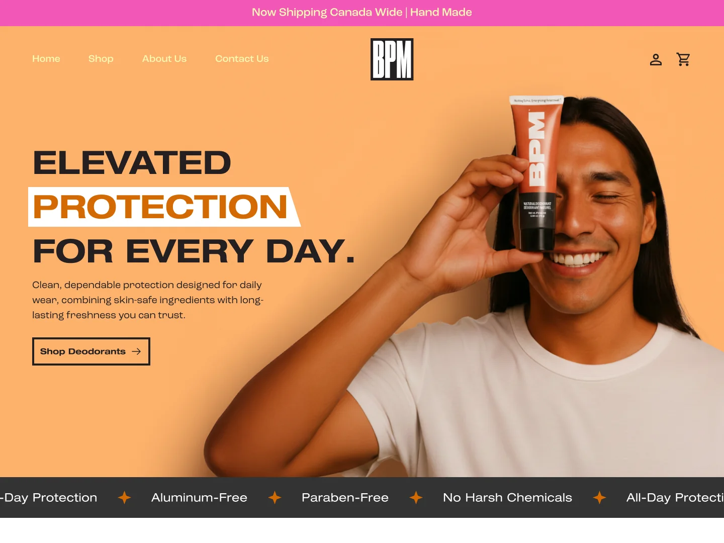 Top of the BPM homepage design: hero, benefits bar, and product line-up