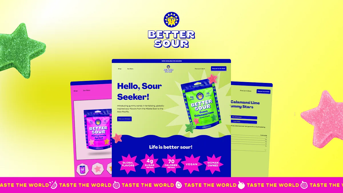 Better Sour website concept showing home and product pages in yellow, lime and pink