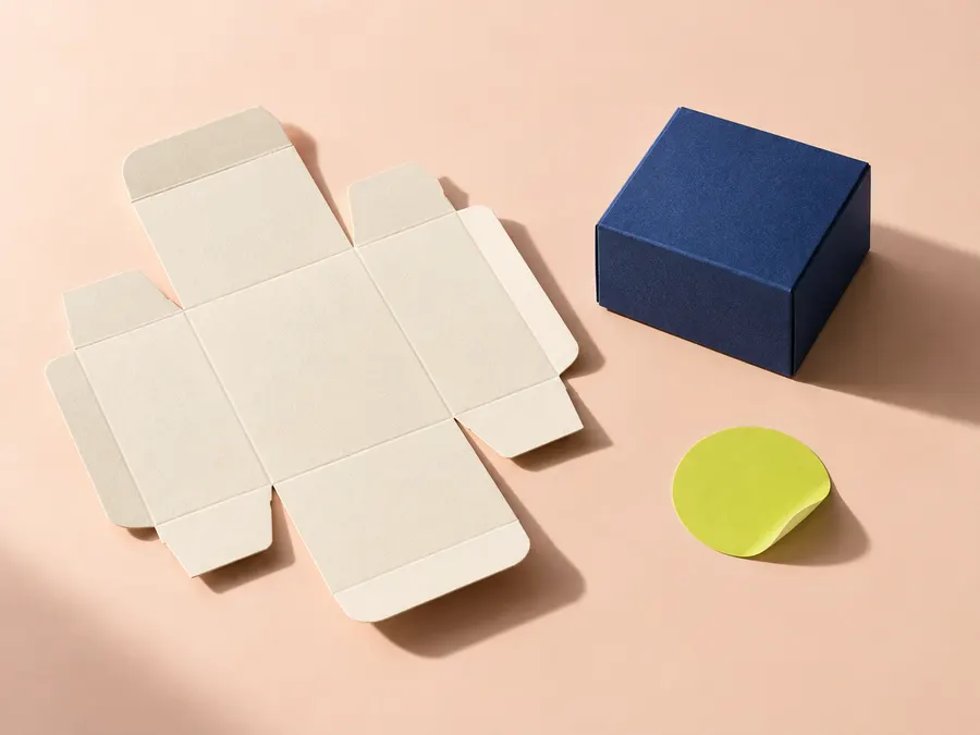 An unfolded packaging dieline beside a finished indigo carton