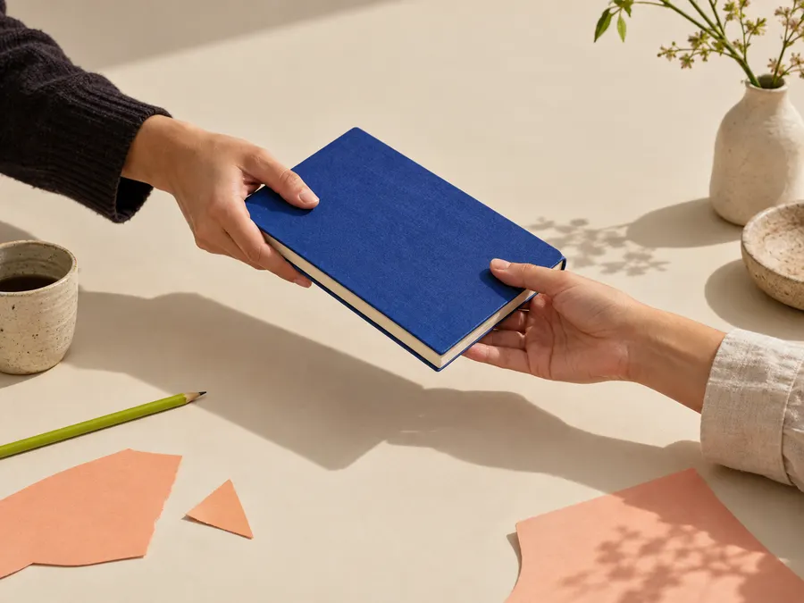 Two people passing an indigo sketchbook across a studio table