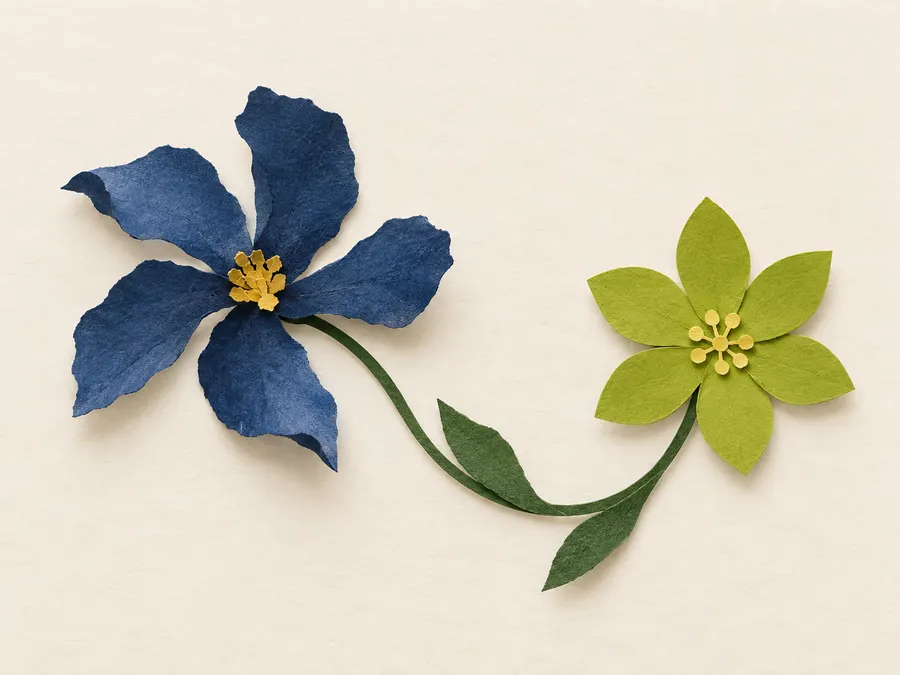Two related flowers made from indigo and lime paper