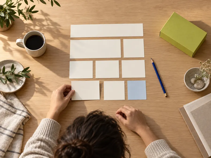 Paper cards arranged into a website plan on a studio table