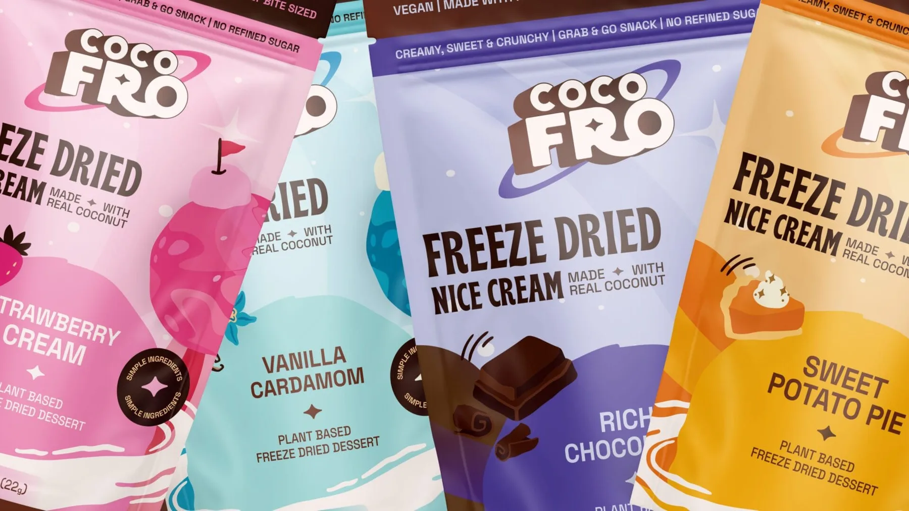 Close-up of four CocoFro freeze-dried dessert pouches in pink, blue, purple and yellow