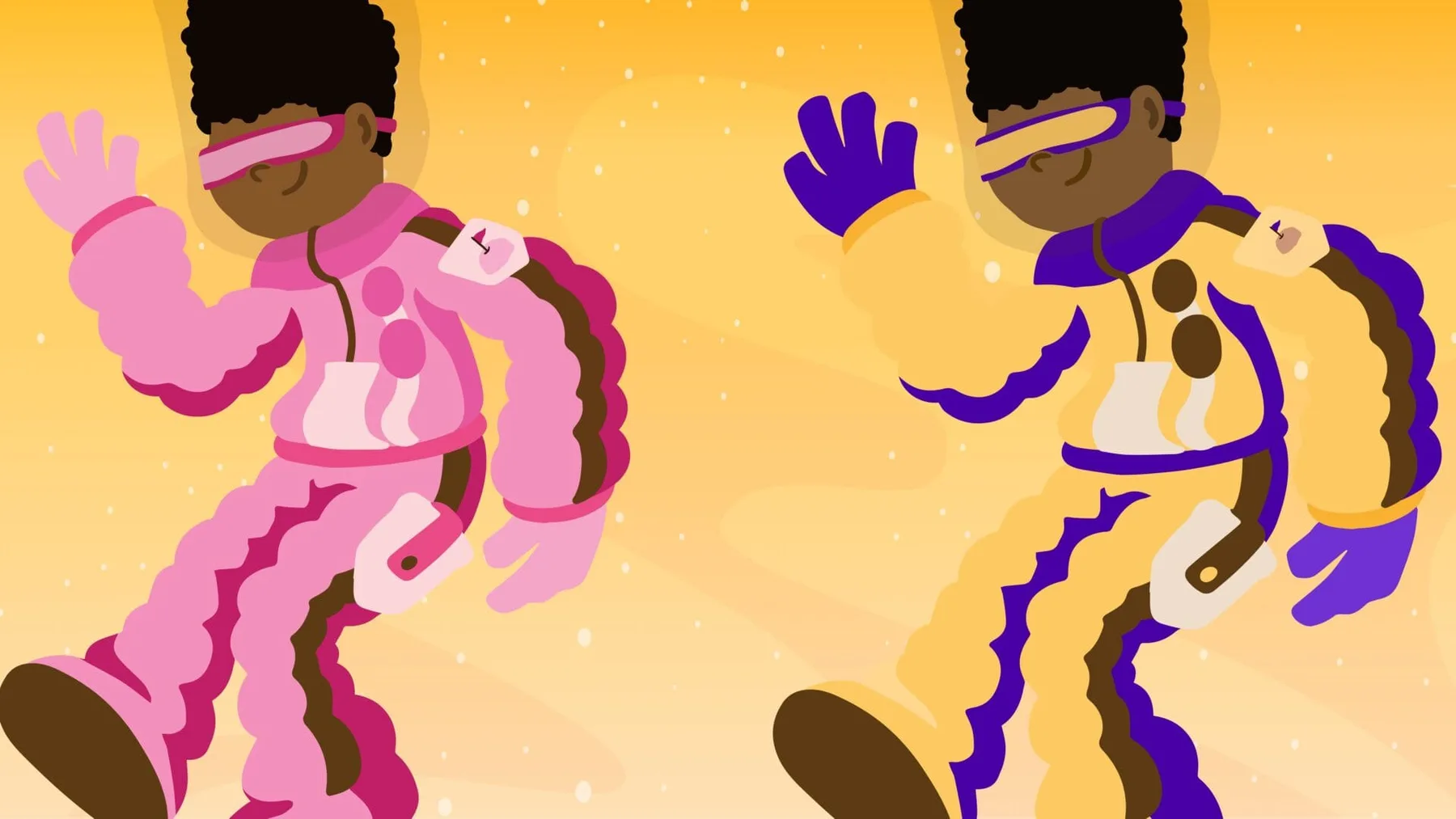 CocoFro illustrated characters in pink and yellow spacesuits