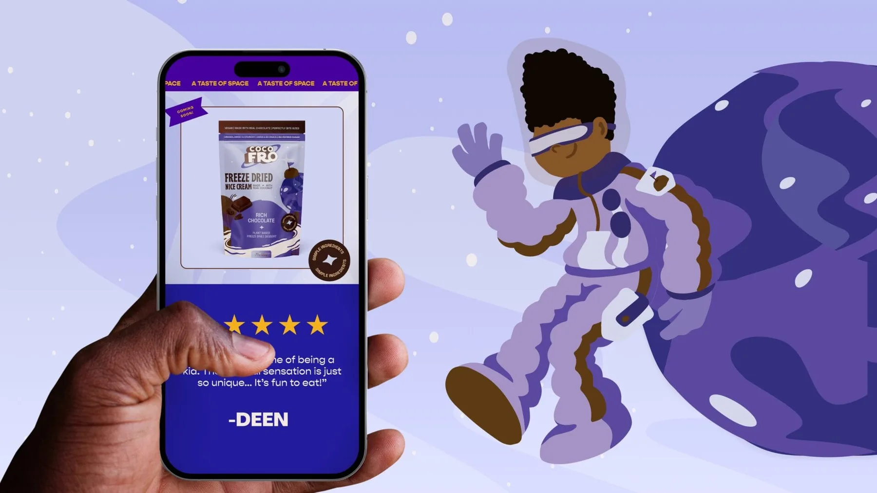 CocoFro product page shown on a phone beside a purple astronaut illustration