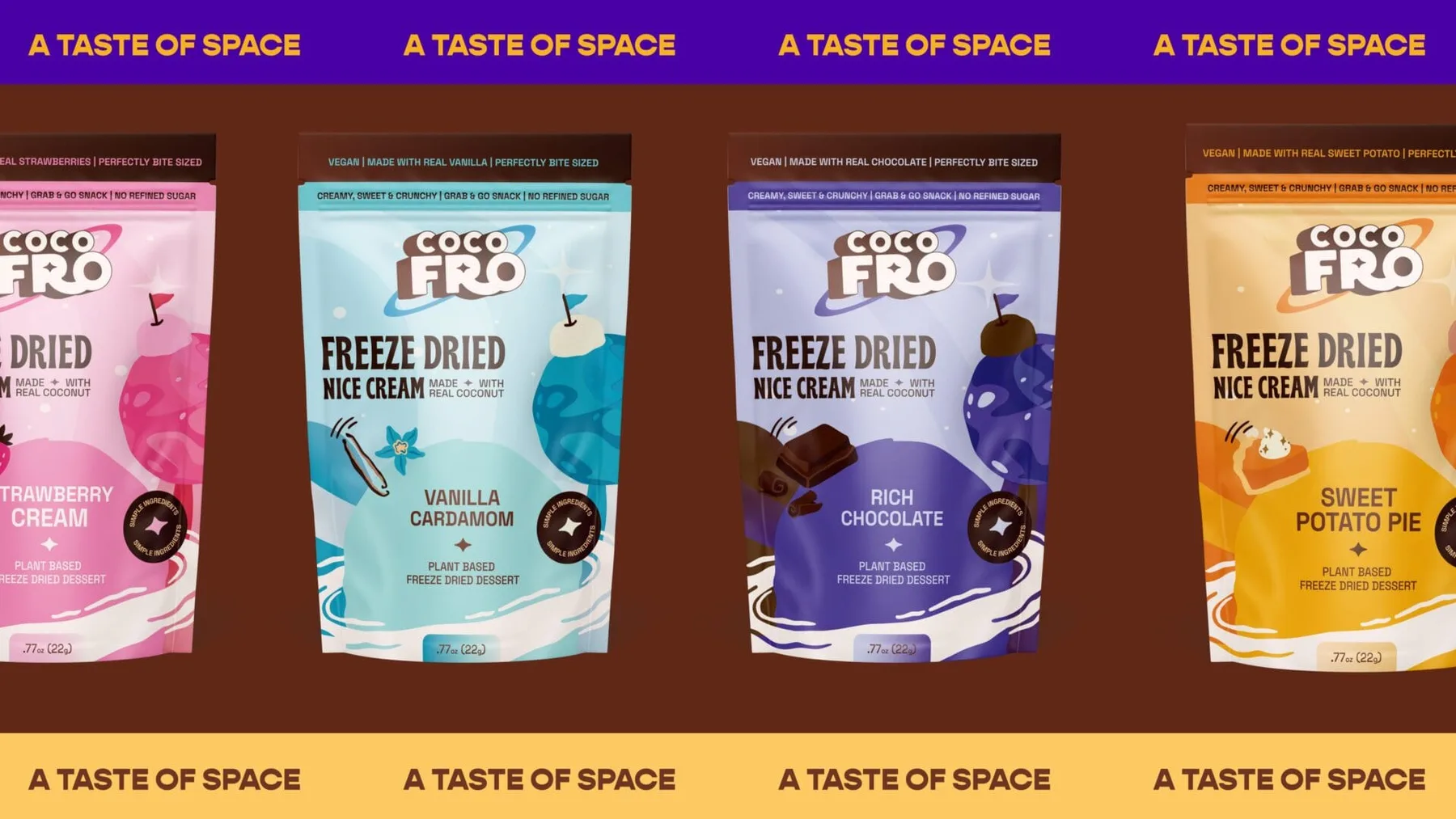 Four CocoFro freeze-dried dessert flavours arranged beneath A Taste of Space banners