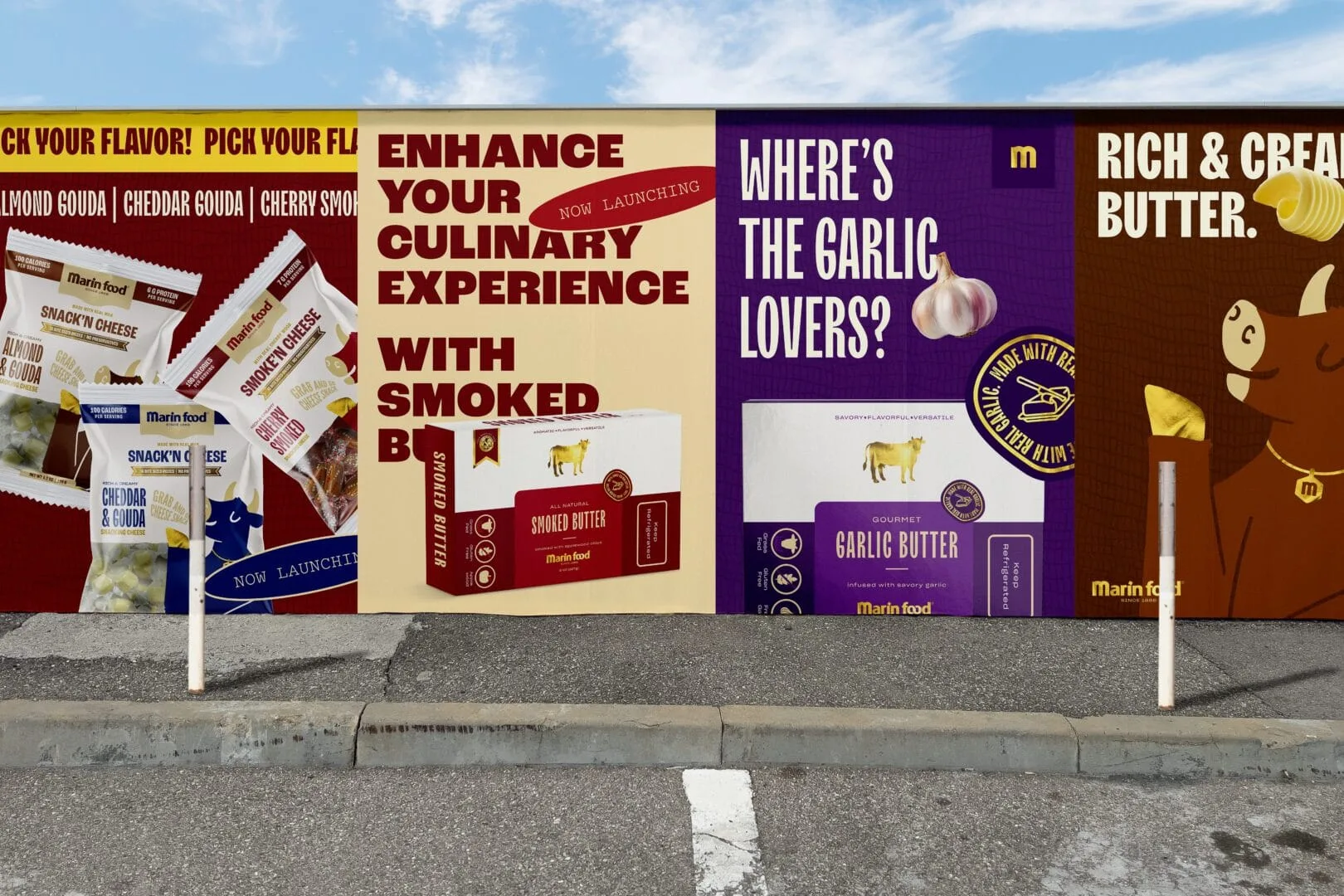Marin Food outdoor mural combining cheese snacks and butter packaging with bold launch messages