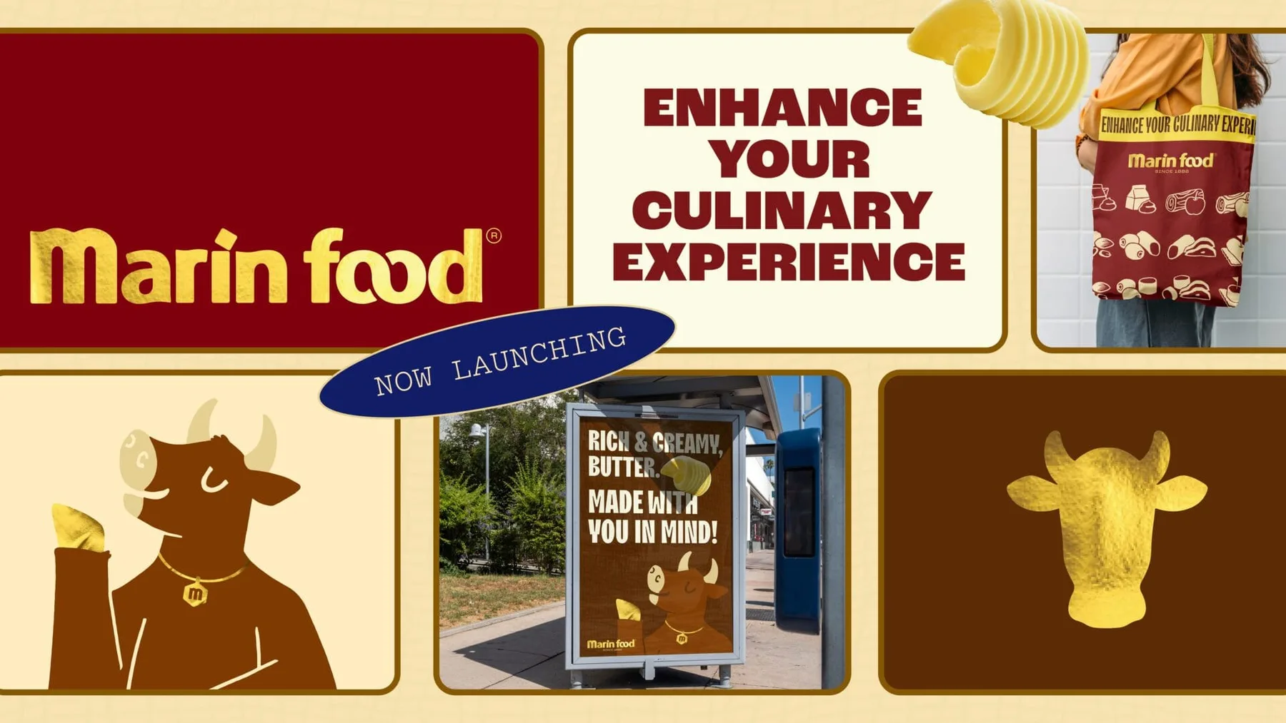 Marin Food identity applications combining a wordmark, tote bag, poster and street advert