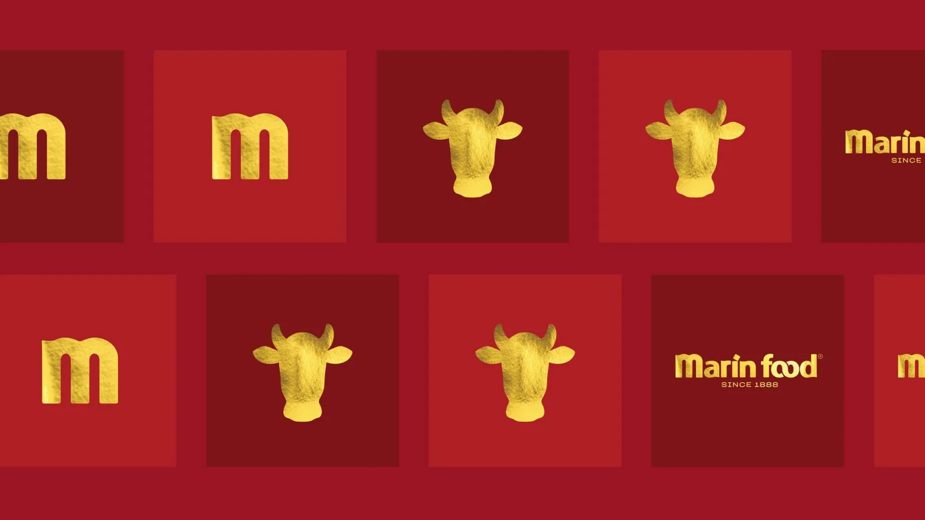 Marin Food gold cow icon and wordmark on burgundy brand tiles