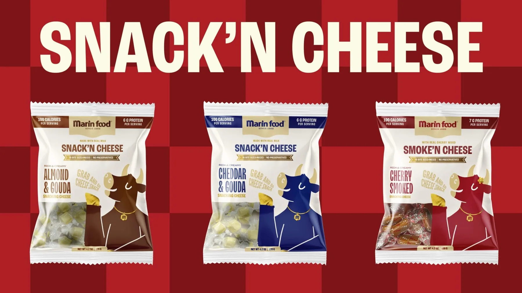 Three Marin Food Snack’n Cheese packs against a red checkerboard background