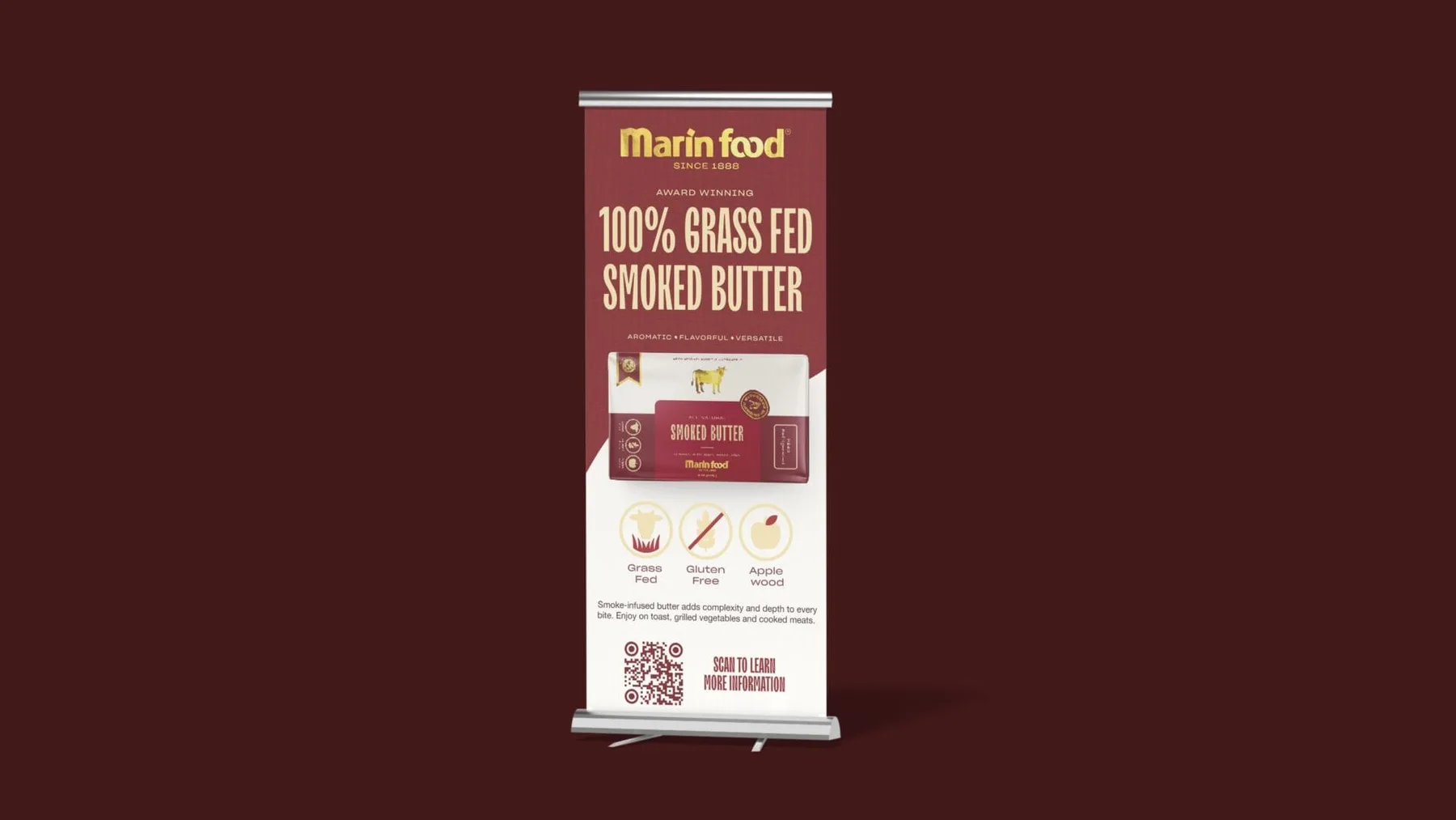 Marin Food smoked butter exhibition banner with product pack and illustrated icons